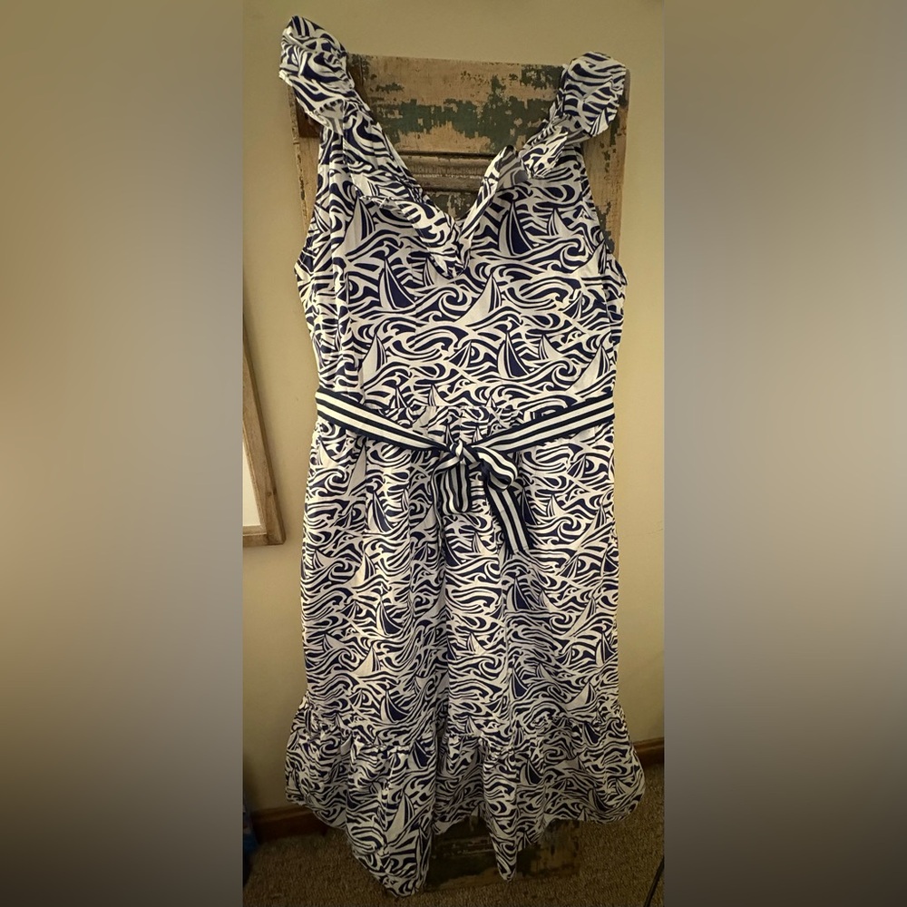 Vinyard Vines Nautical-Print Sleeveless Cotton Dress with Waist Tie - Blue/White
